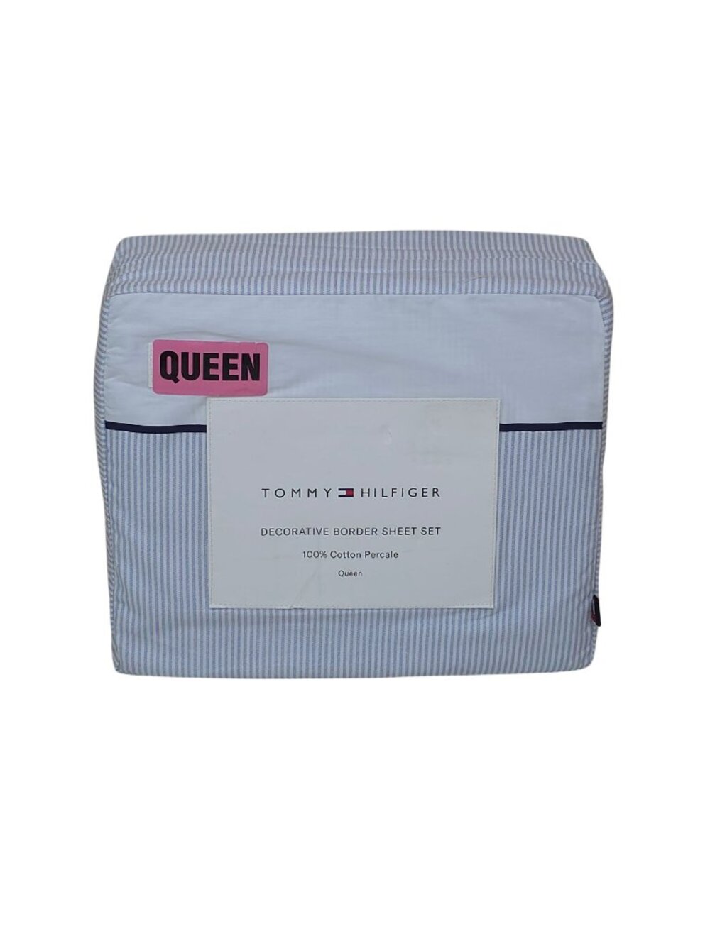 Tommy Hilfiger Decorative Border Queen Sheet Set 100% Cotton Percale Blue